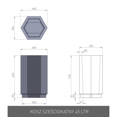 Kosz uliczny SZEŚCIOKĄTNY 45 litrów